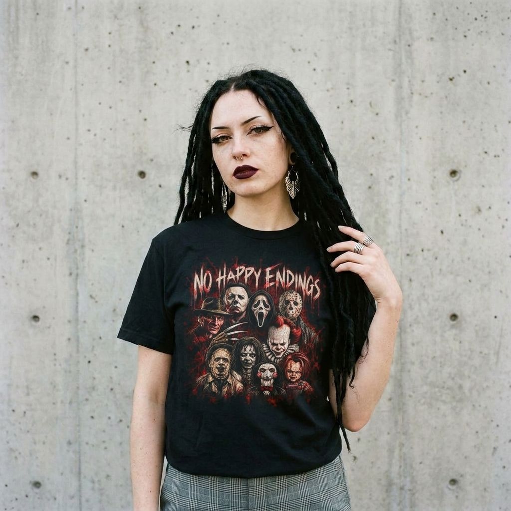 Model wearing No Happy Endings Tee – Retro Horror Movie Graphic Shirt against a cement wall