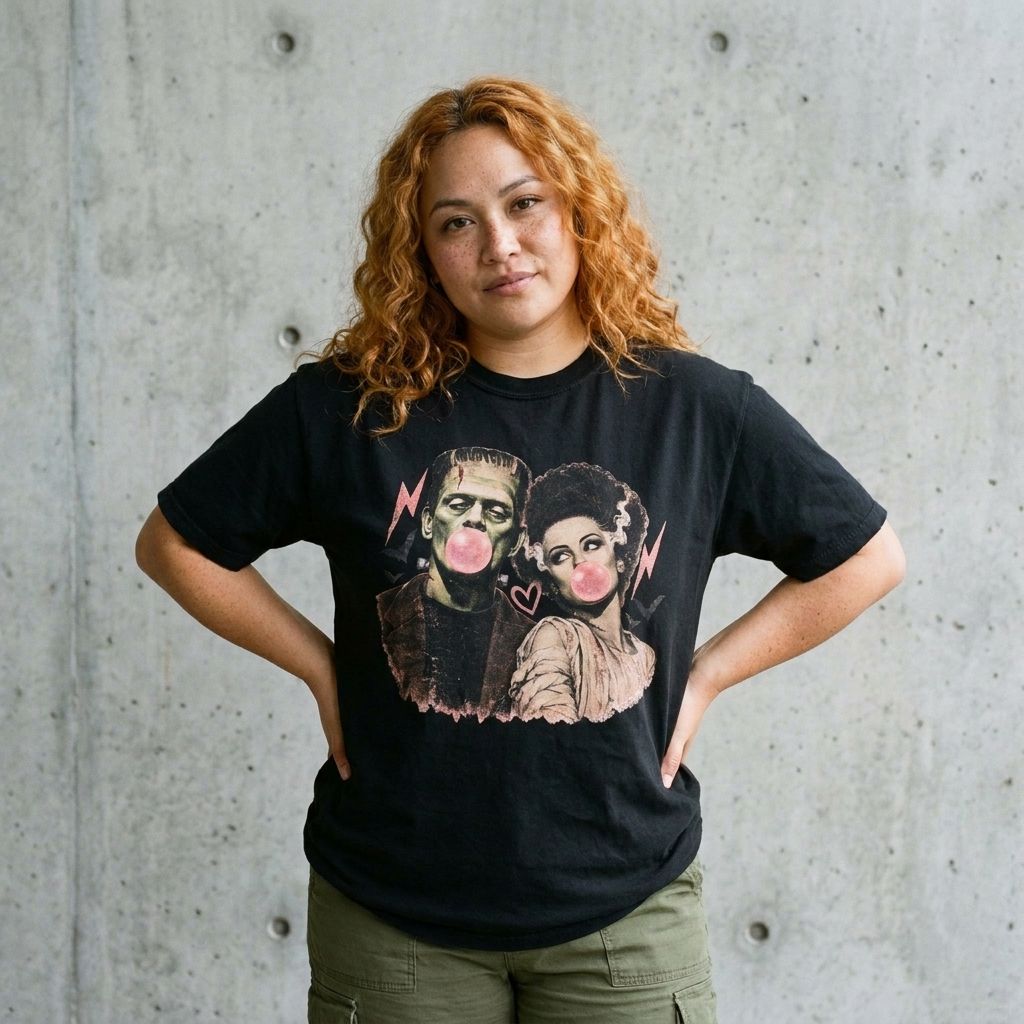 Model wearing Frankenstein & Bride Bubblegum Vintage Tee against a cement wall