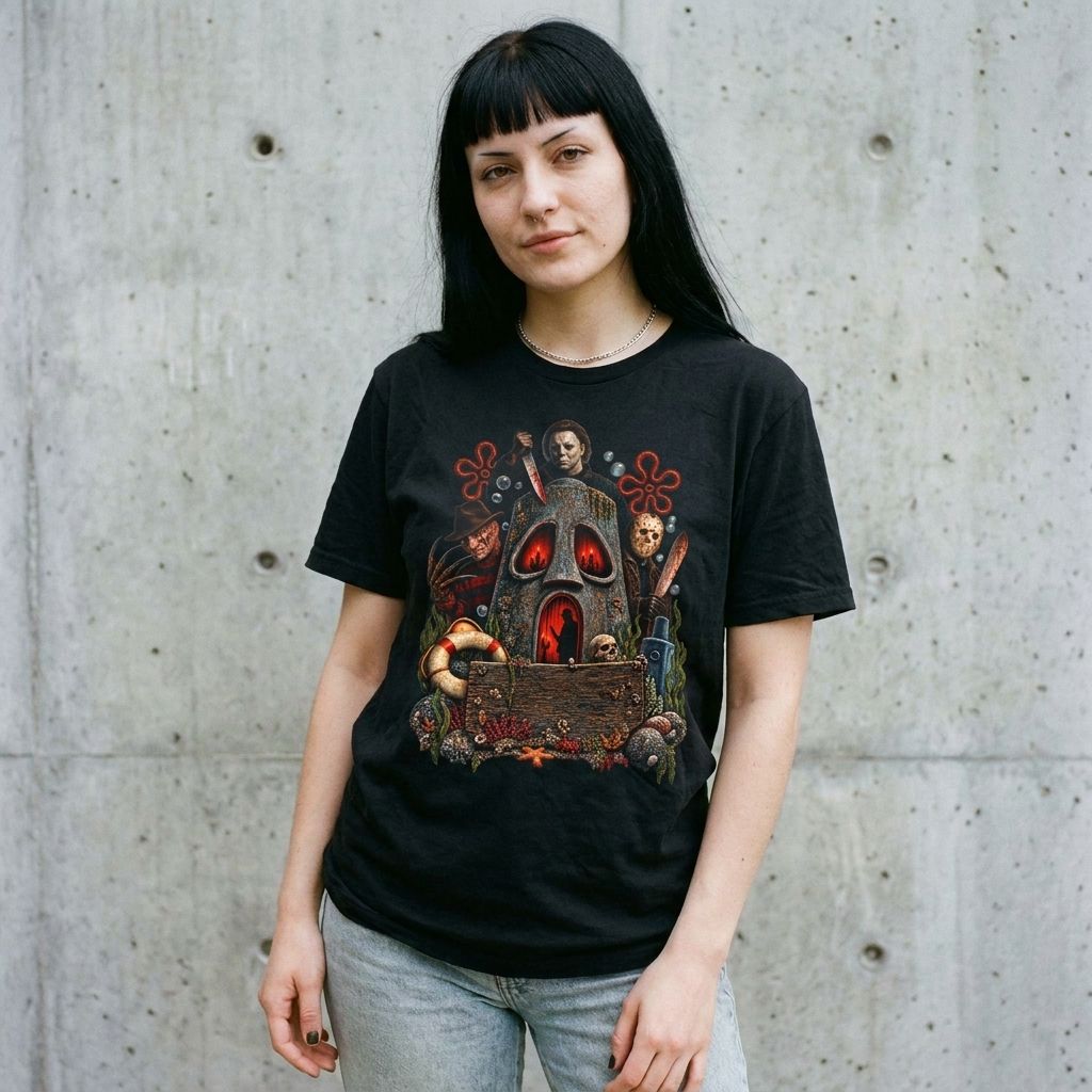 Model wearing Bikini Bottom Horror Tee – Retro Cartoon Slasher Shirt against a cement wall
