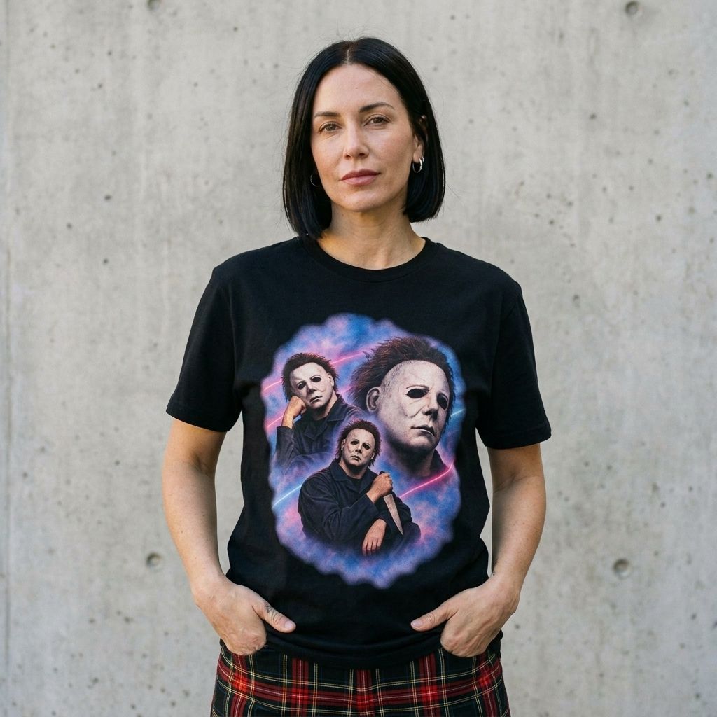 Model wearing Michael Myers 80s Portrait Tee – Retro Purple Horror Graphic Shirt against a cement wall