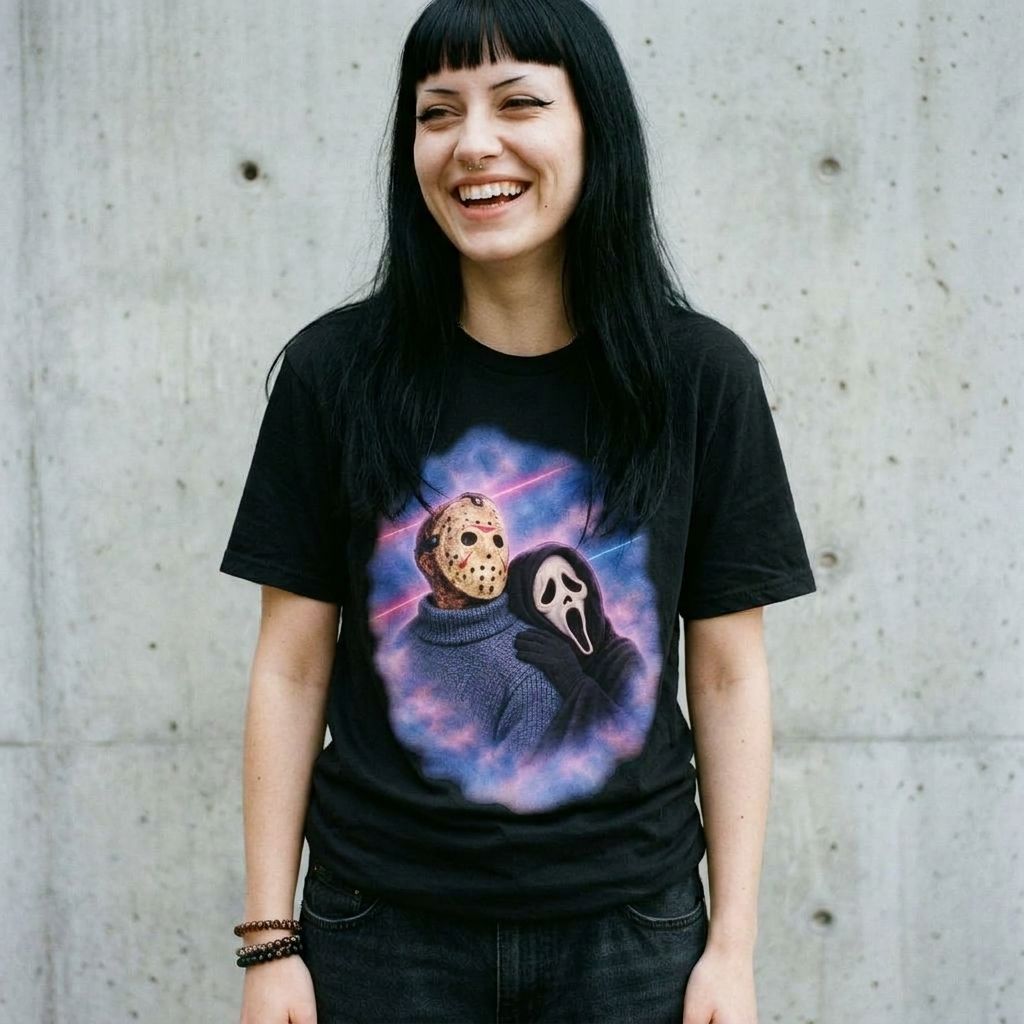 Model wearing Jason Voorhees & Ghostface 80s Portrait Tee against a cement wall