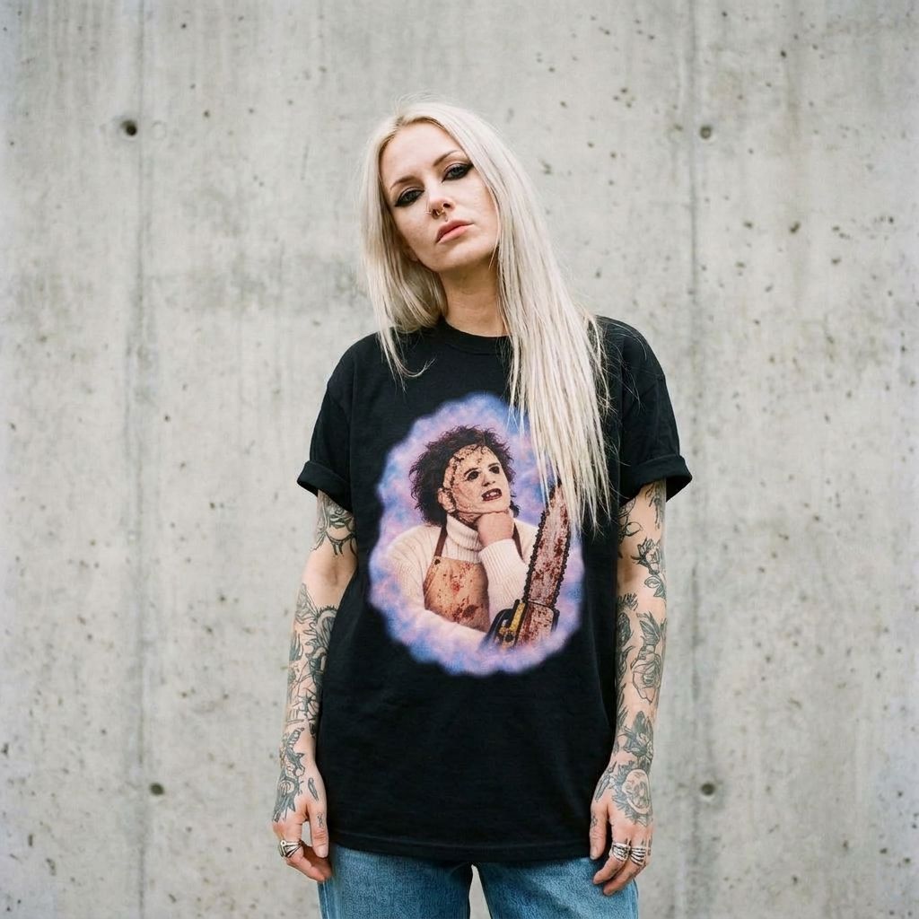 Model wearing Leatherface 80's Portrait Tee against a cement wall