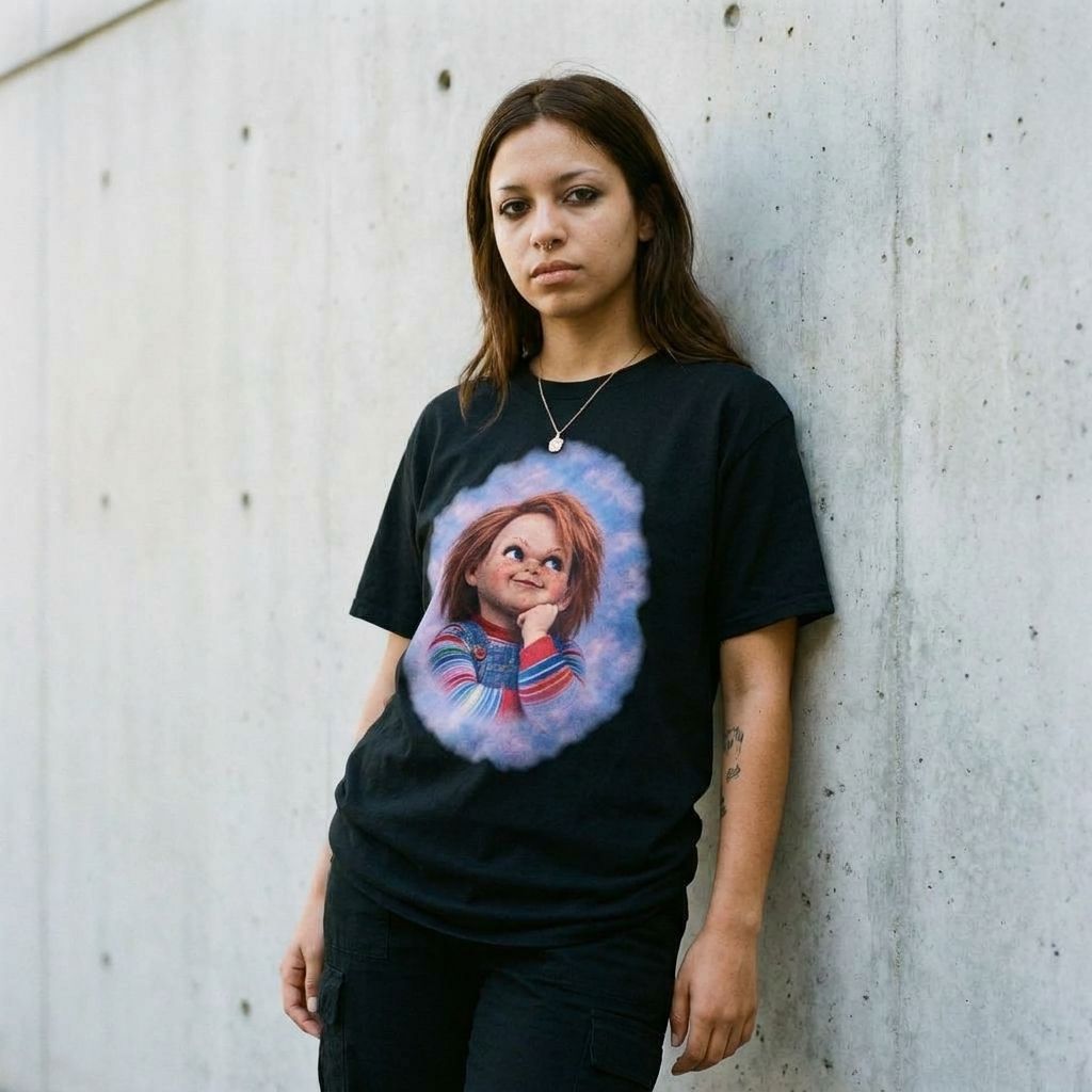 Model wearing Chucky 80s Portrait Tee – Retro Horror Glamour Shot Shirt against a cement wall