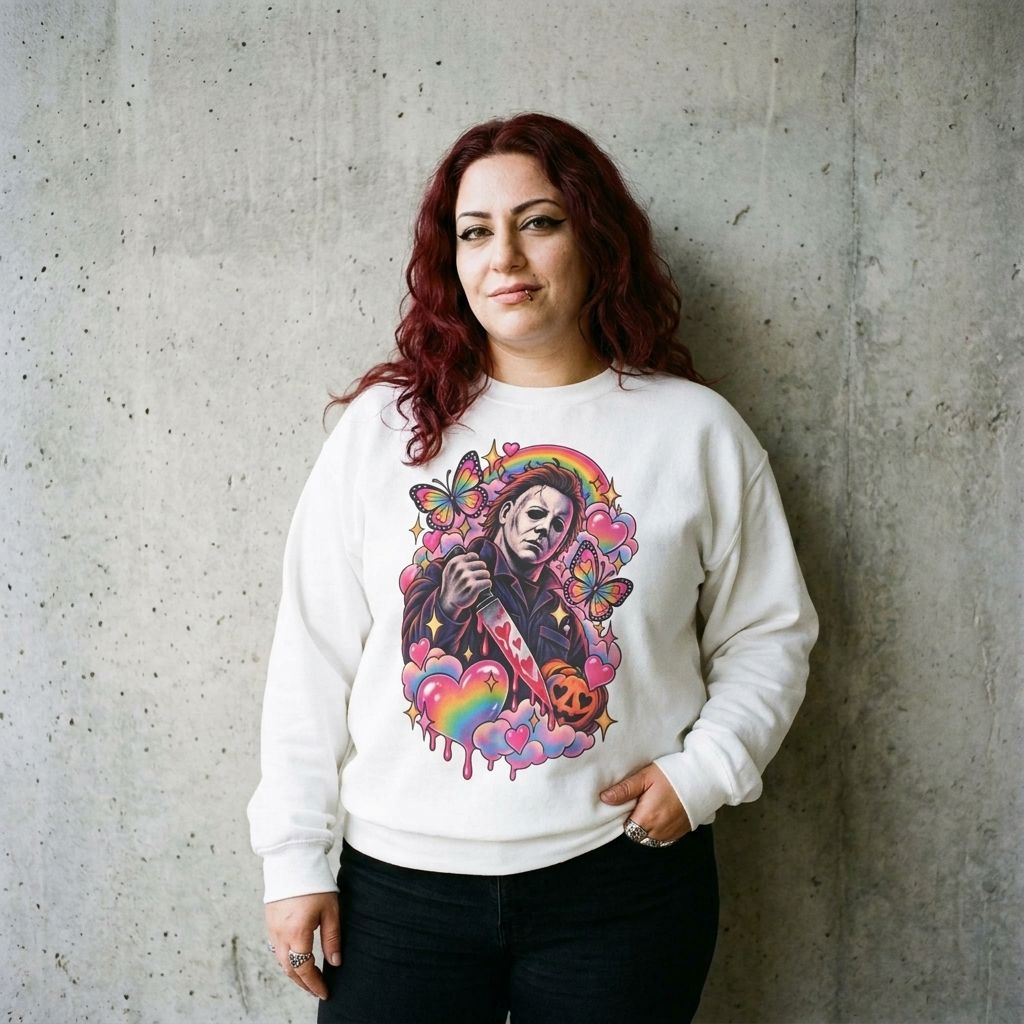 Model wearing Colorful Michael Myers Horror Heart Crewneck Sweatshirt against a cement wall