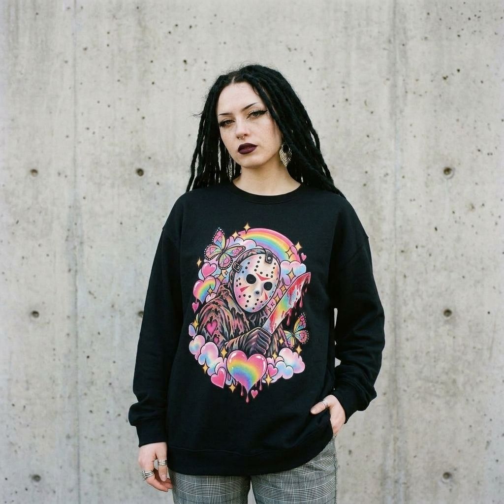 Model wearing Jason Mask Rainbow Horror Crewneck Sweatshirt against a cement wall