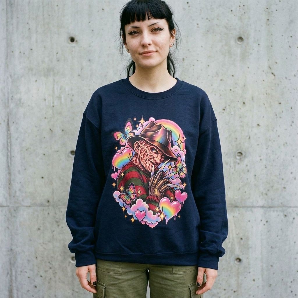 Model wearing Freddy Krueger Rainbow Crewneck Sweatshirt against a cement wall