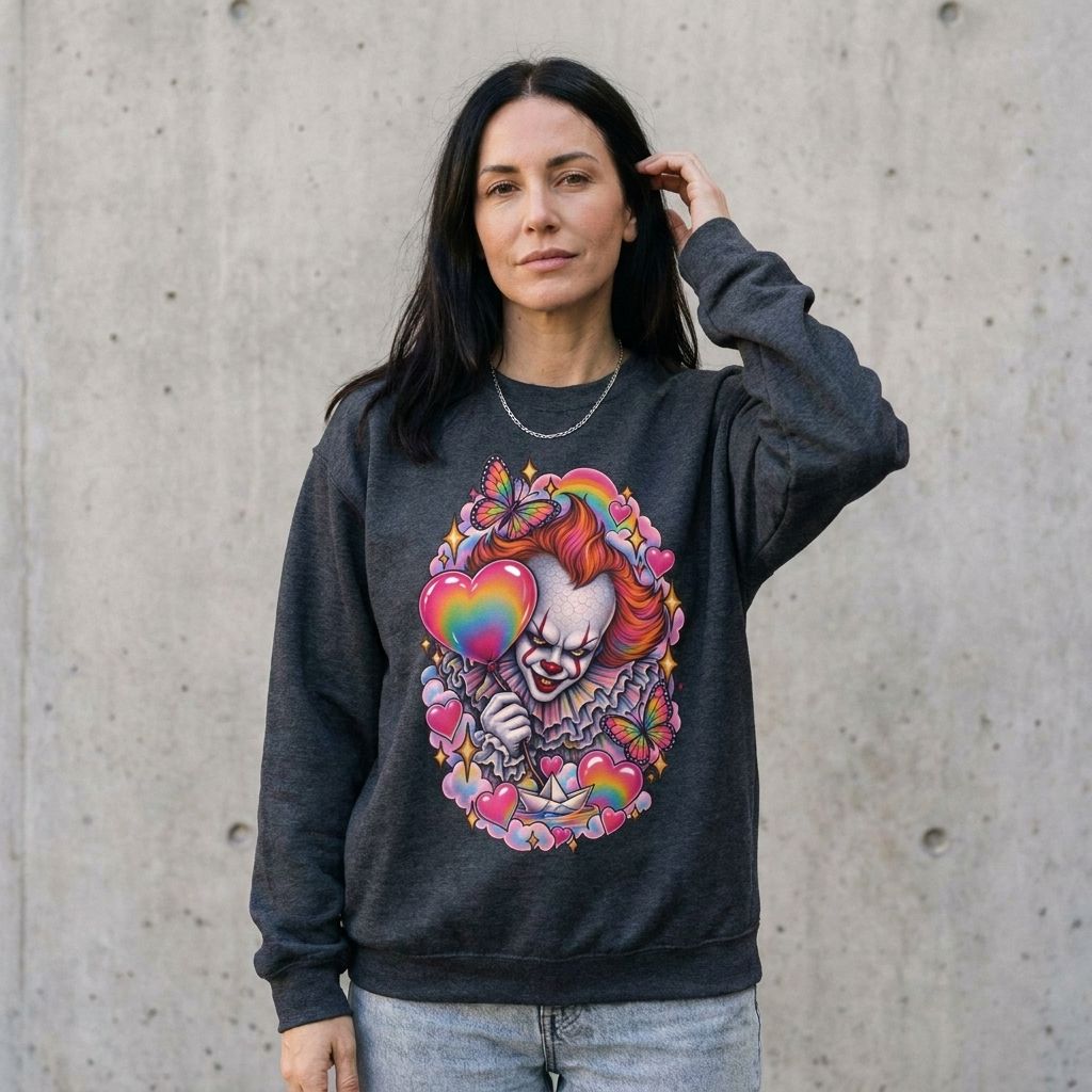 Model wearing Pennywise Rainbow Crewneck Sweatshirt against a cement wall