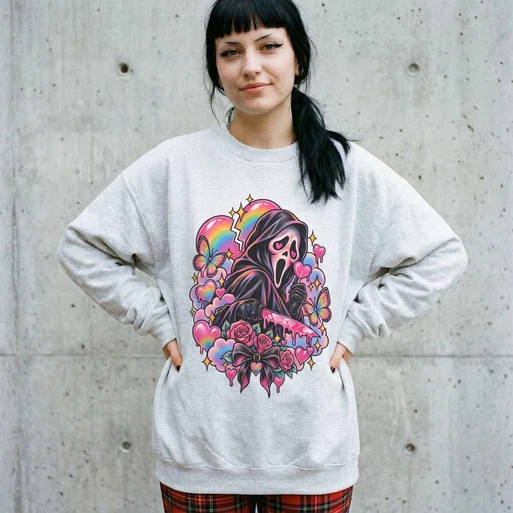 Model wearing Ghostface Rainbow Crewneck Sweatshirt against a cement wall