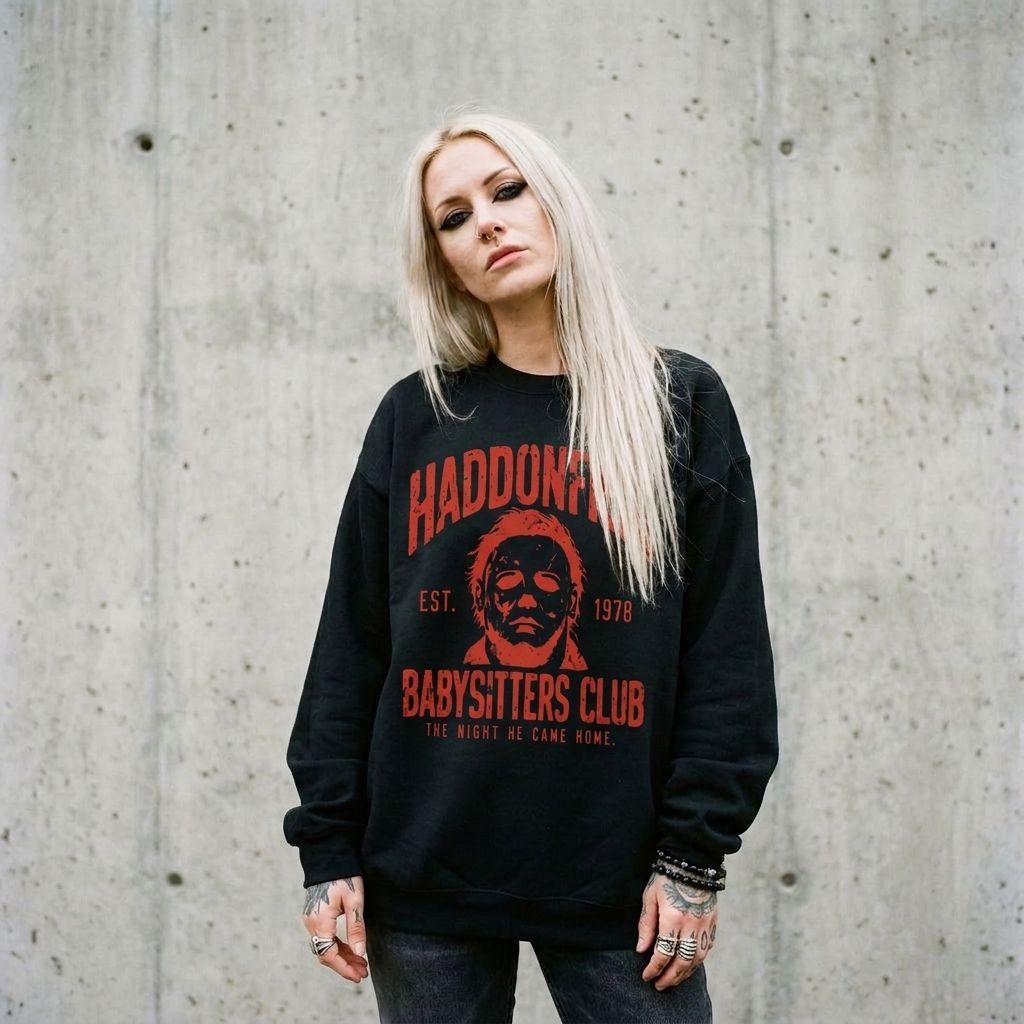 Model wearing Haddonfield Babysitters Club Crewneck Sweatshirt against a cement wall