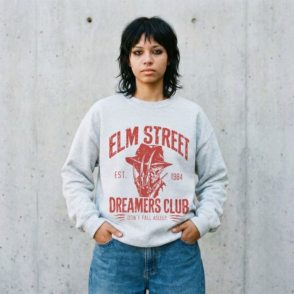 Model wearing Elm Street Dreamers Club Crewneck Sweatshirt against a cement wall