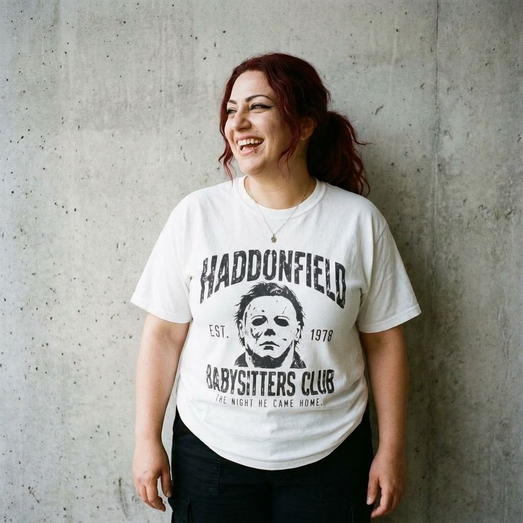 Model wearing Haddonfield Babysitters Club Horror Tee against a cement wall