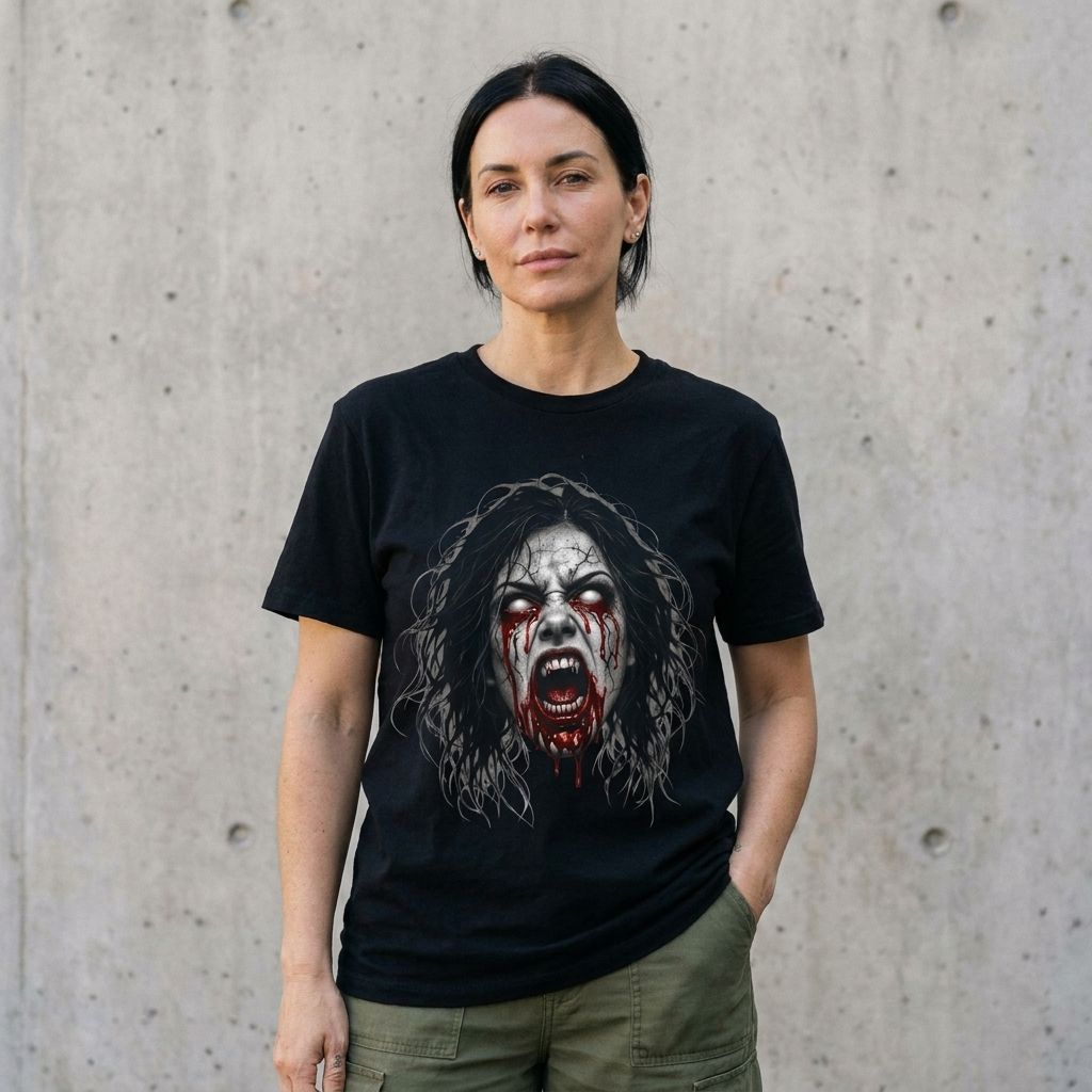 Model wearing Vampire Scream Graphic Tee against a cement wall