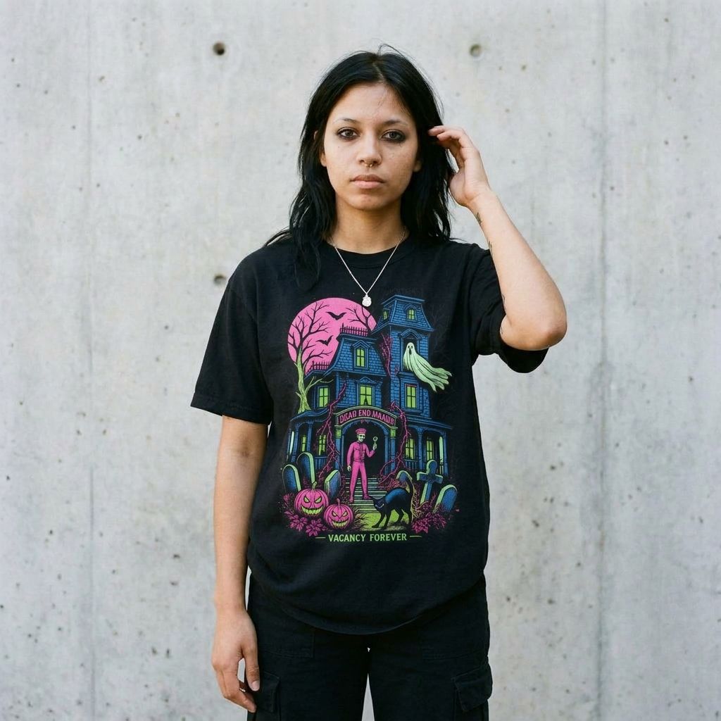 Model wearing Haunted Hotel "Vacancy Forever" Neon Tee against a cement wall
