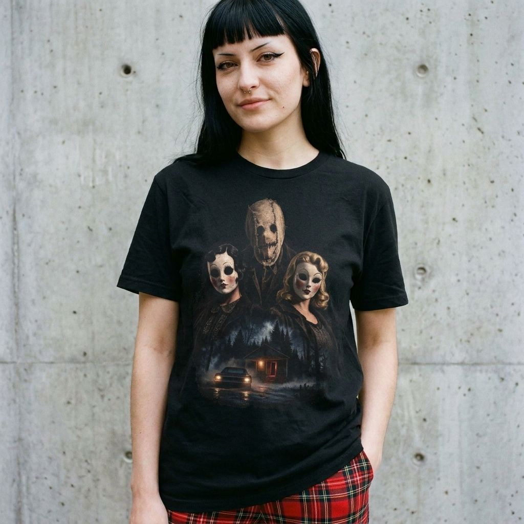 Model wearing Masked Figures Horror Movie Tee – Nocturnal Slasher Scene against a cement wall