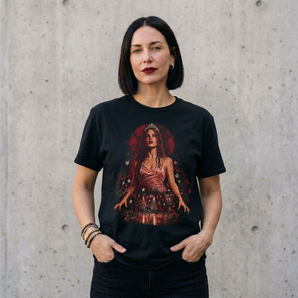Model wearing Carrie Graphic Horror Tee against a cement wall
