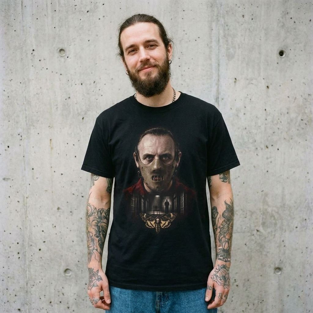 Model wearing Hannibal Lecter Graphic Horror Tee against a cement wall