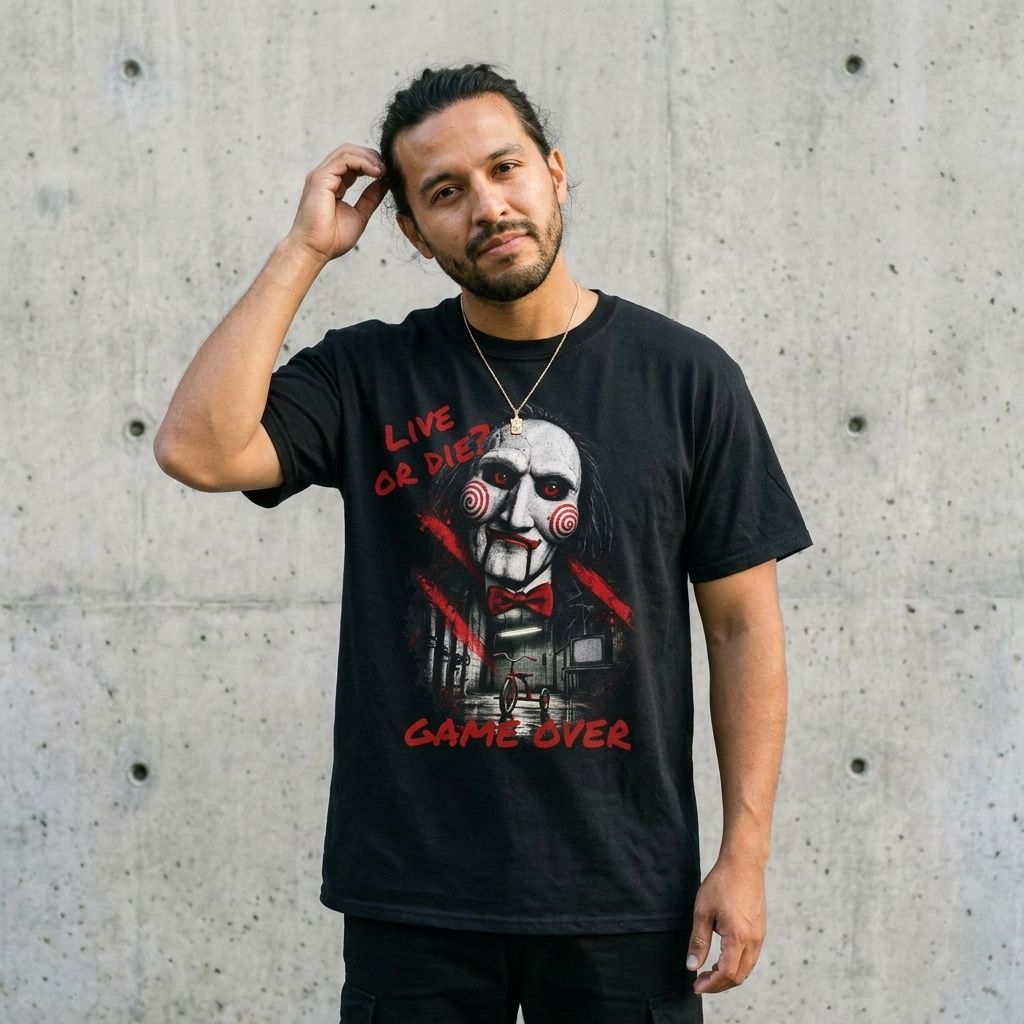 Model wearing SAW Billy the Puppet Tee – Live or Die Horror Movie Shirt against a cement wall