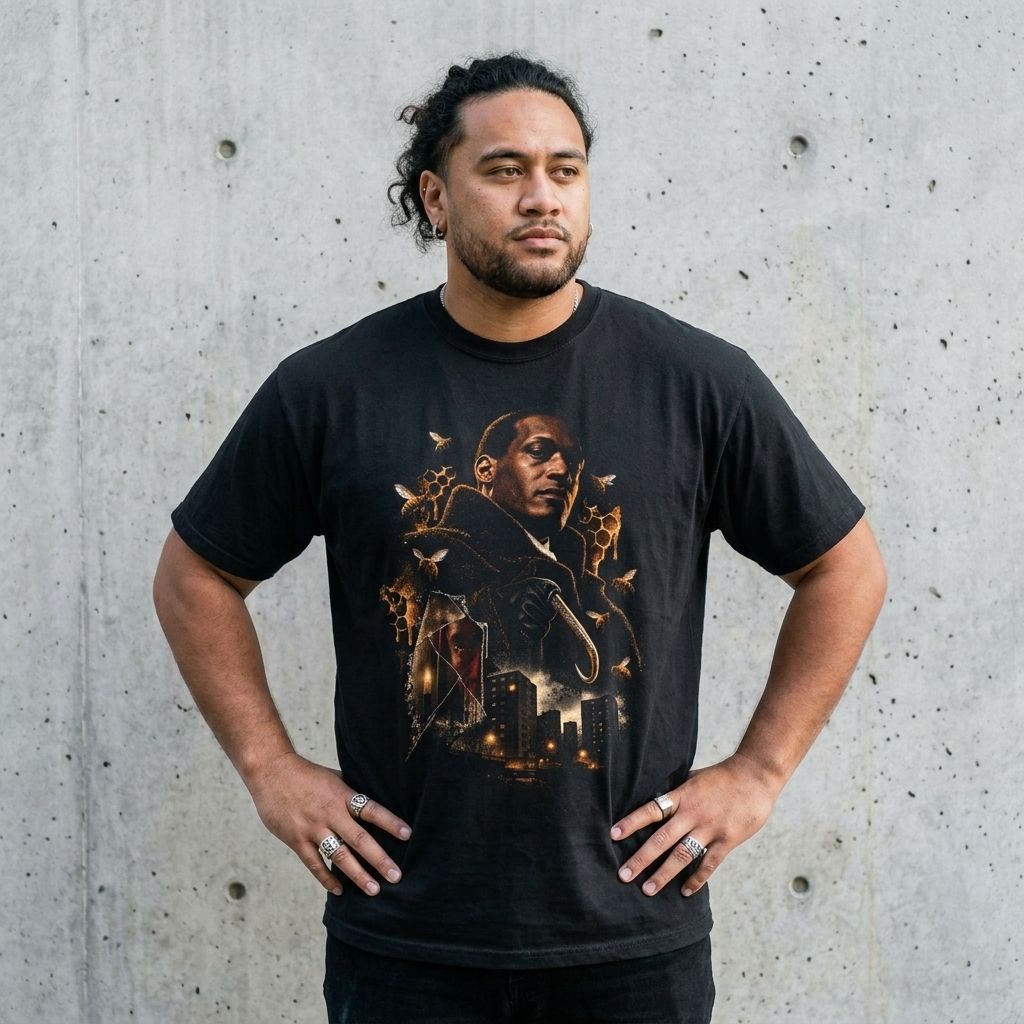 Model wearing Candyman Graphic Horror Tee against a cement wall