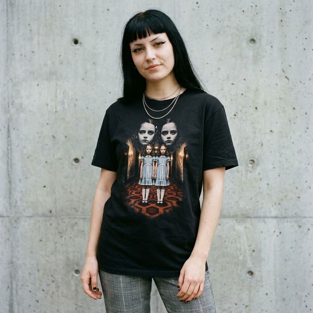 Model wearing The Shining Twins Graphic Horror Tee against a cement wall
