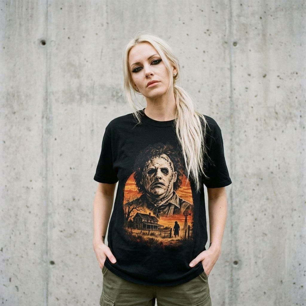 Model wearing Leatherface Vintage Horror Tee – Sunset Farmhouse Graphic against a cement wall