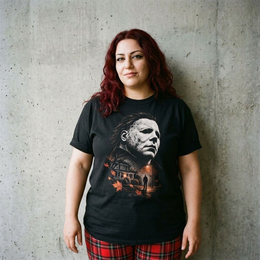 Model wearing Michael Myers Graphic Horror Tee against a cement wall
