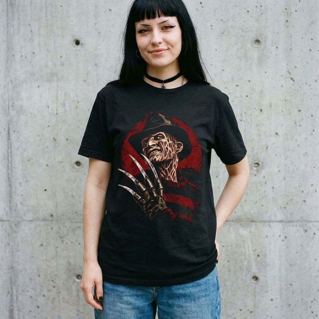 Model wearing Freddy Krueger Horror Tee against a cement wall