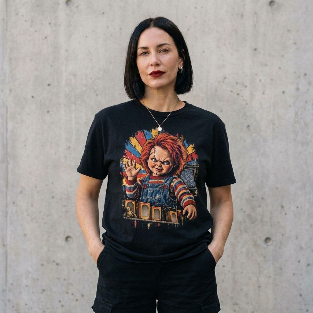 Model wearing Chucky Good Guy Graphic Tee – Vintage Horror Screen Print against a cement wall