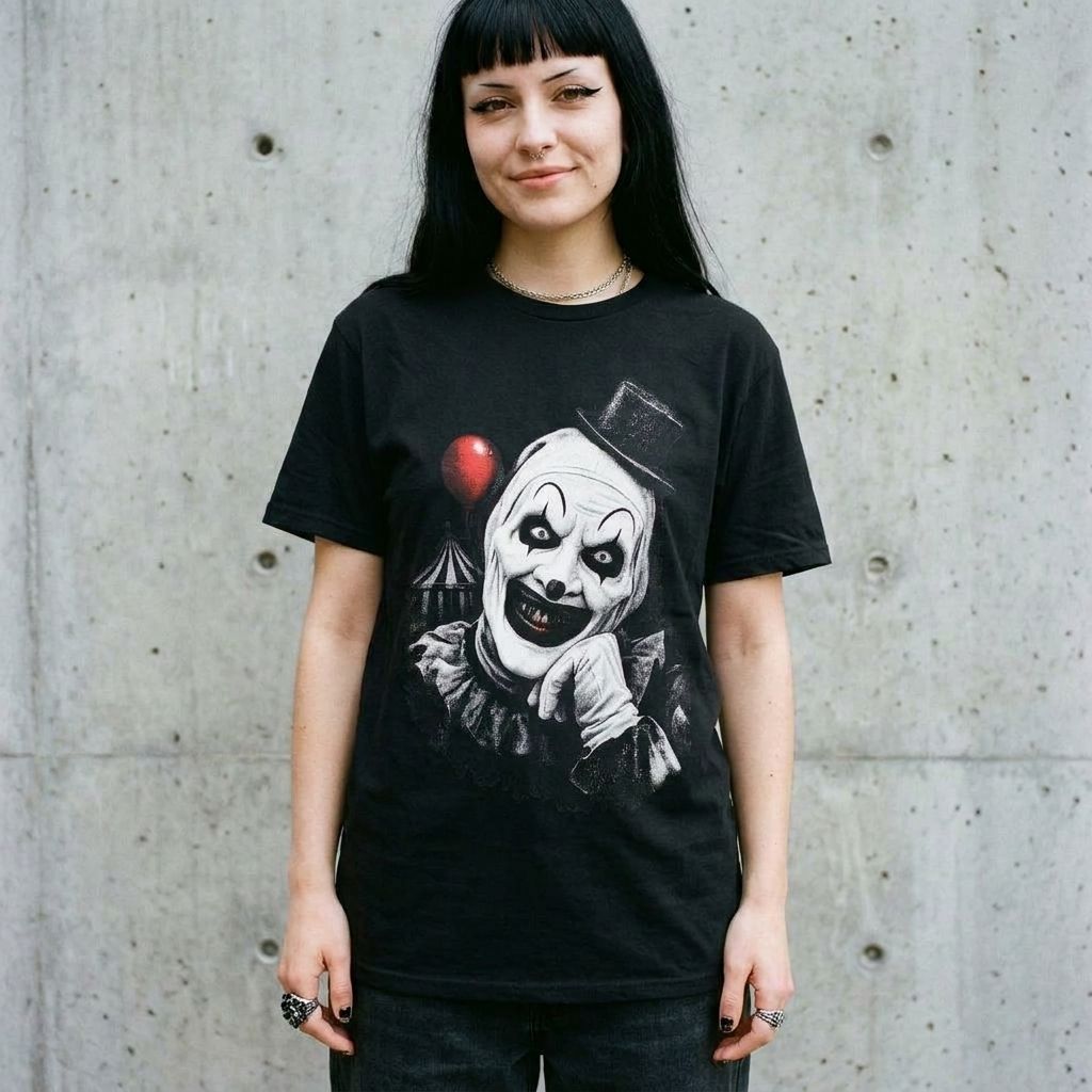 Model wearing Art The Clown Terrifier Horror Tee against a cement wall