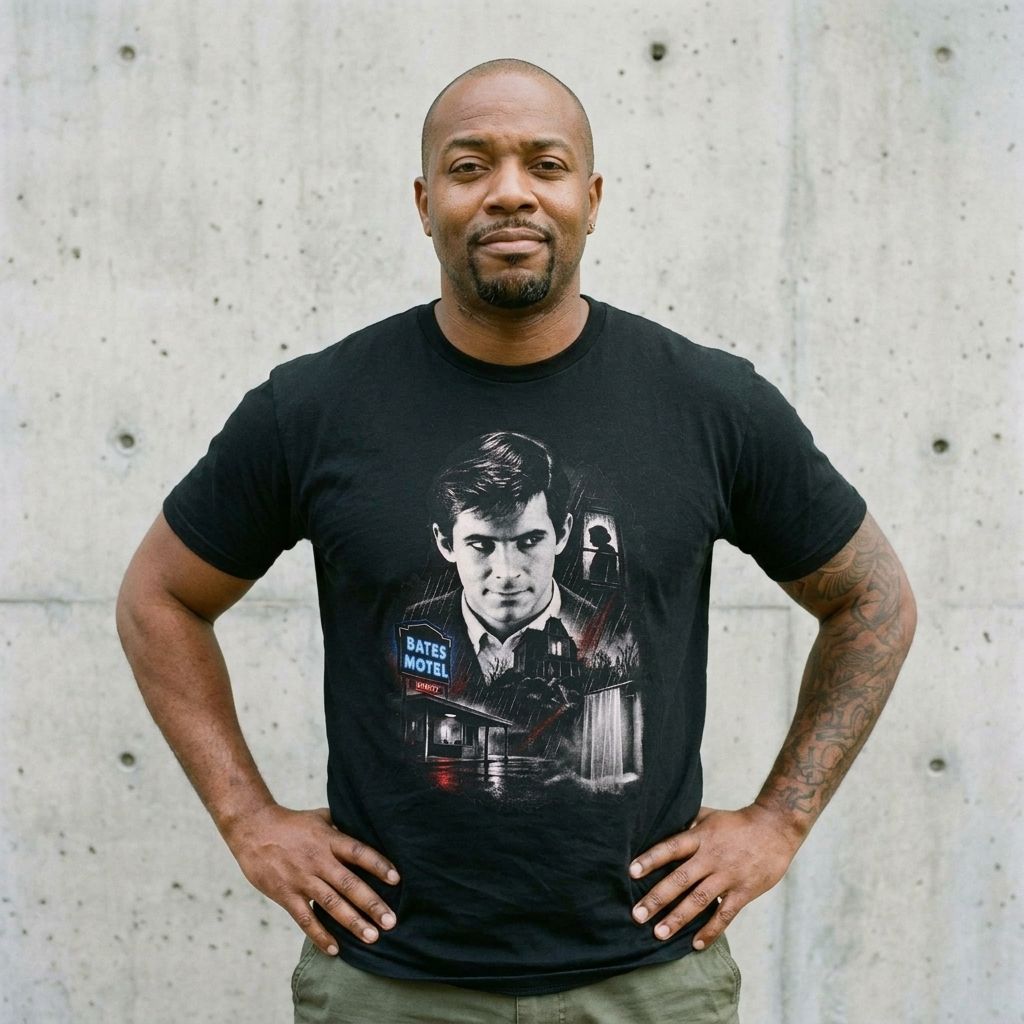 Model wearing Psycho Bates Motel Graphic Tee against a cement wall