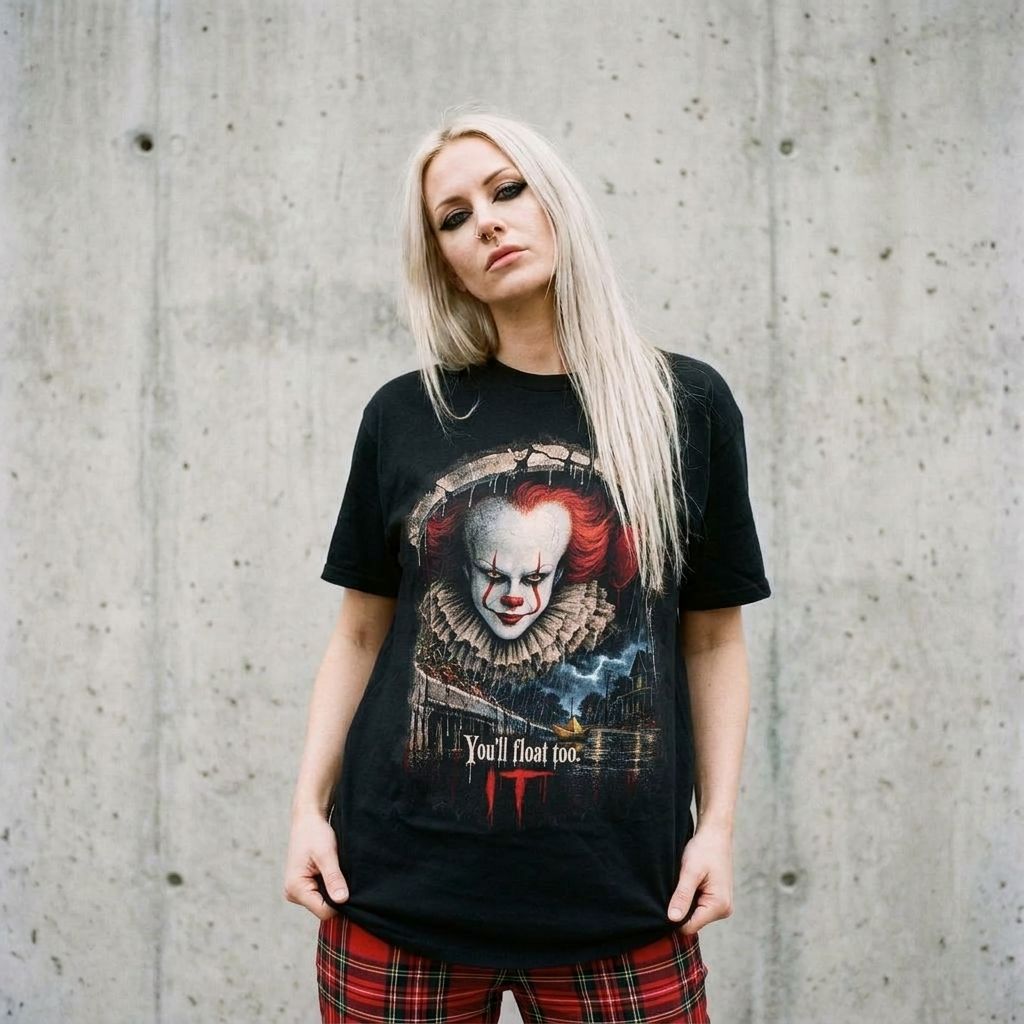 Model wearing Pennywise You'll Float Too Tee – Horror Clown Graphic against a cement wall