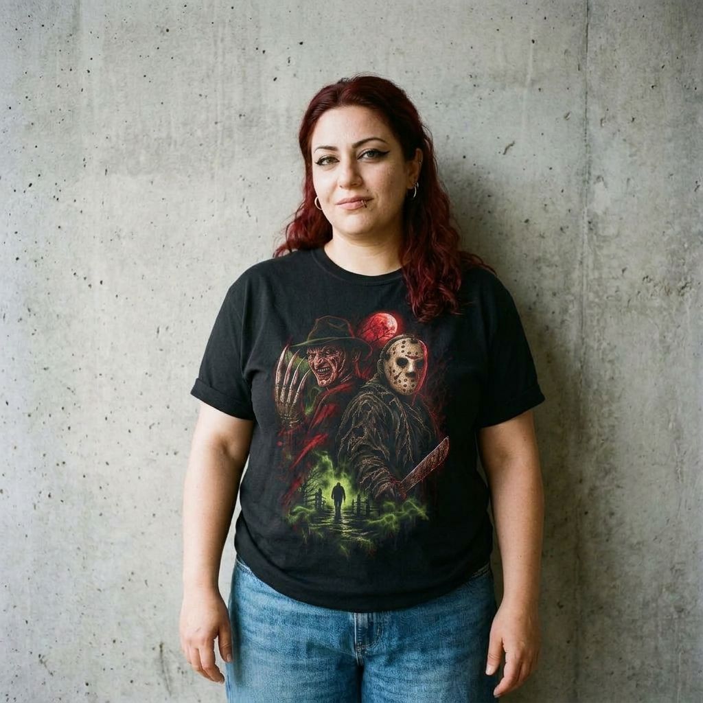 Model wearing Freddy & Jason Horror Villain Tee – Slasher Graphic Shirt against a cement wall