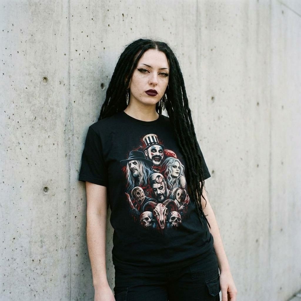 Model wearing House of 1000 Corpses Tee – Firefly Family Horror Shirt against a cement wall