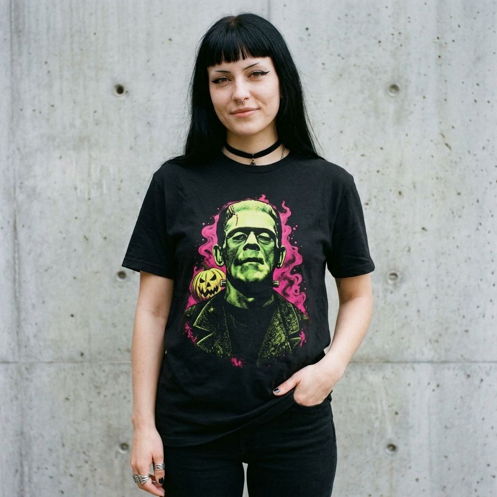 Model wearing Frankenstein Neon Horror Tee against a cement wall