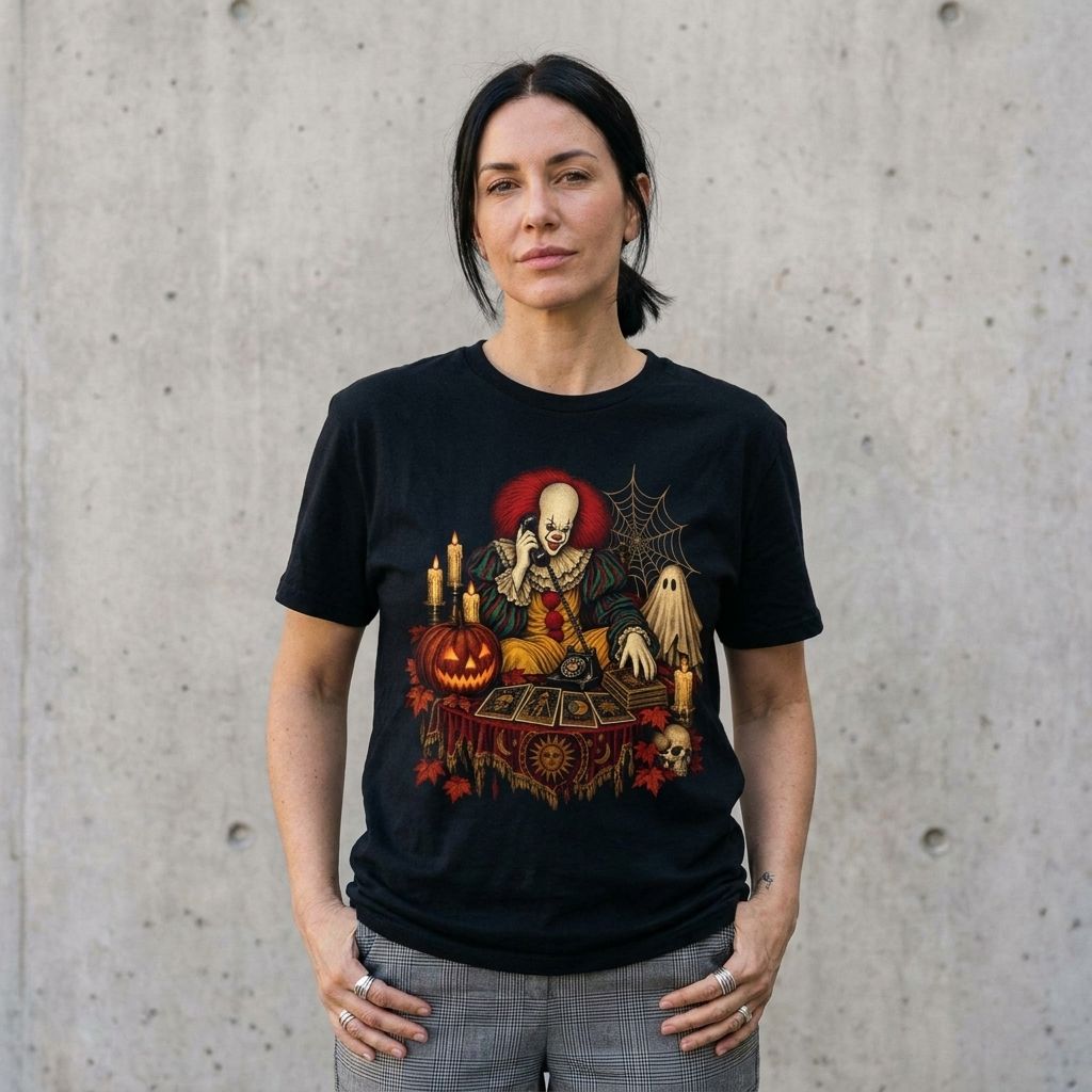 Model wearing Pennywise Tarot Card Tee – Spooky Horror Clown Graphic against a cement wall