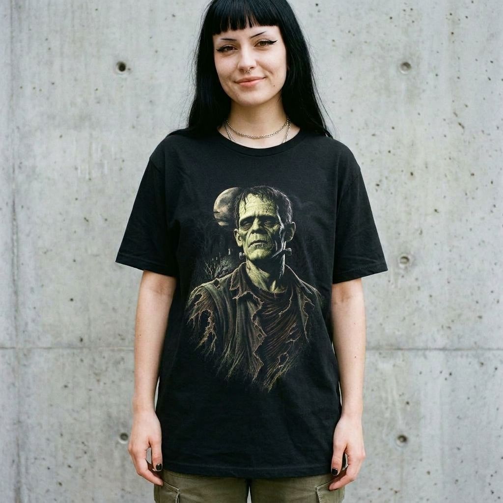Model wearing Frankenstein Monster Portrait Tee – Gothic Horror Shirt against a cement wall