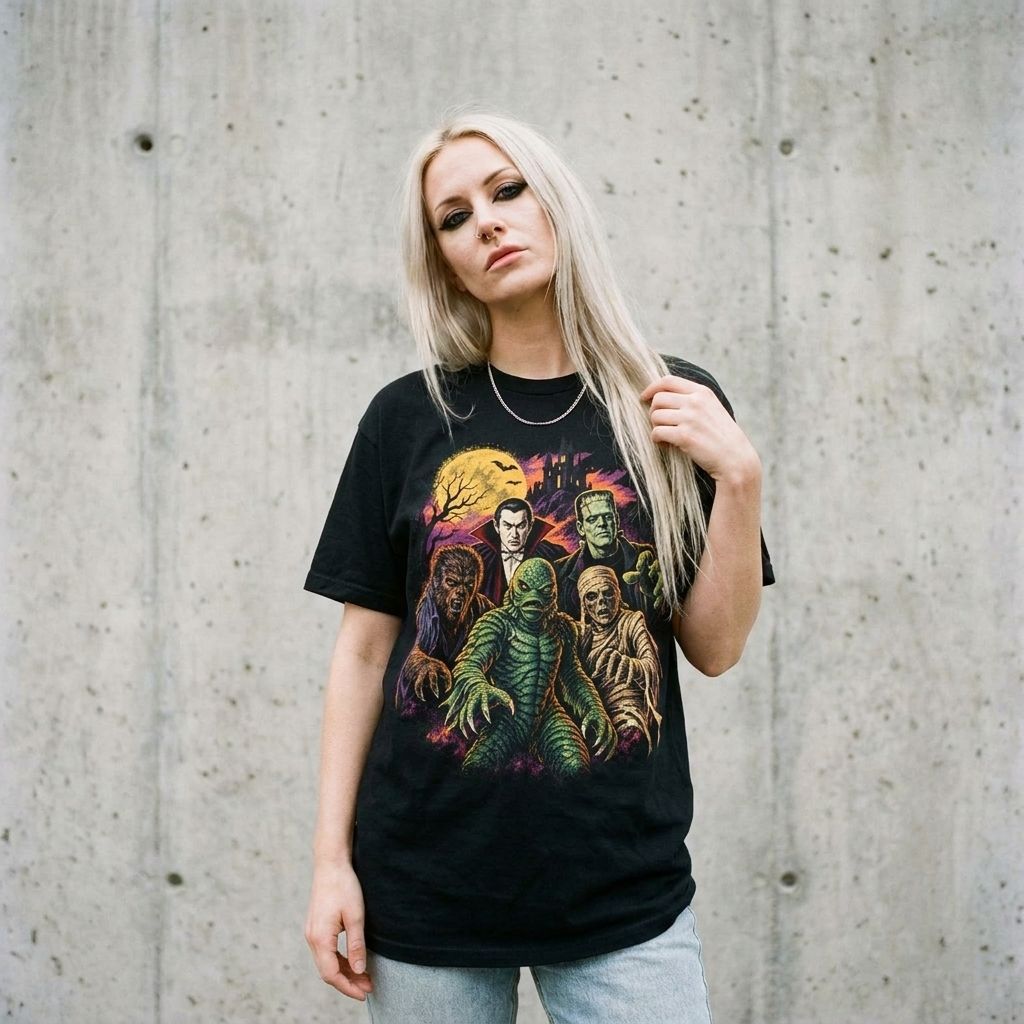 Model wearing Classic Horror Monsters Tee – Moonlit Retro Monster Shirt against a cement wall
