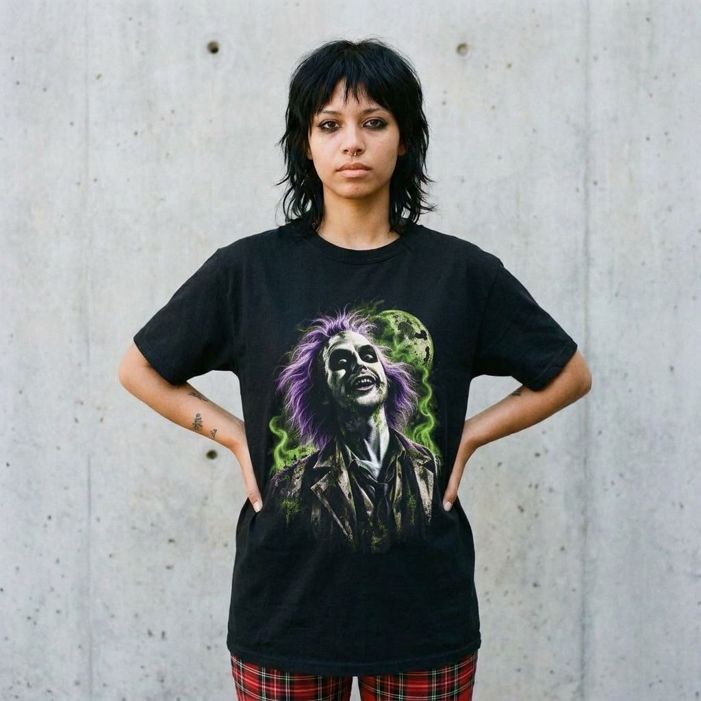 Model wearing Beetlejuice Graphic Tee – Purple & Green Gothic Screen Print against a cement wall