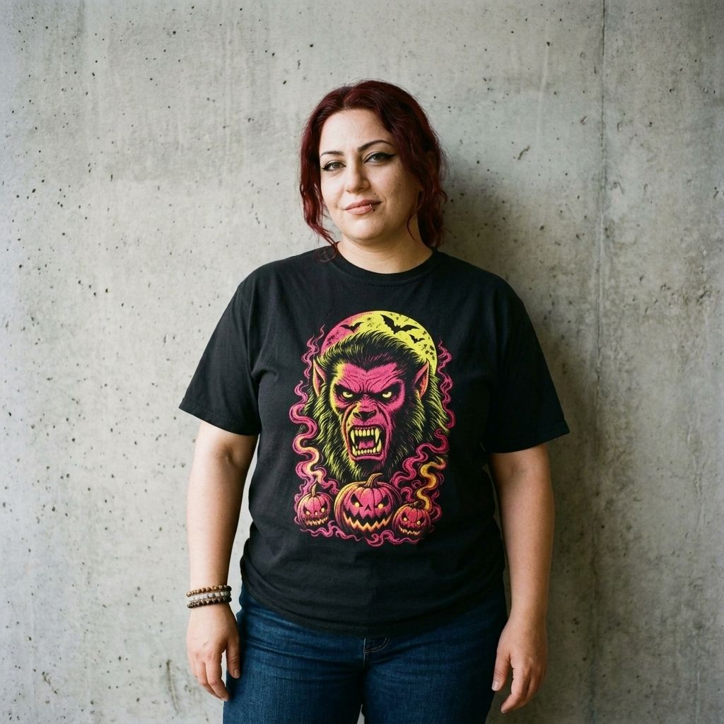 Model wearing Neon Werewolf Halloween Tee – Full Moon & Pumpkins against a cement wall