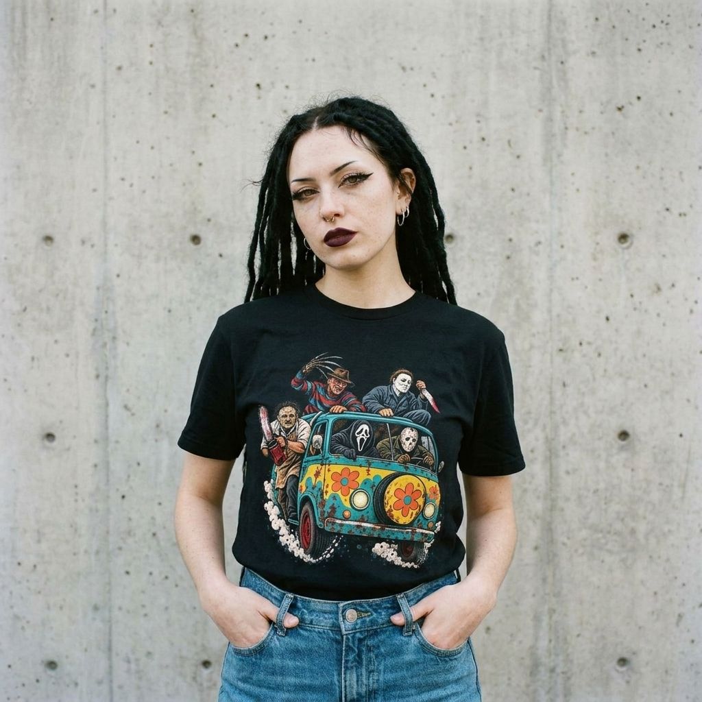 Model wearing Horror Villains Mystery Machine Tee – Retro Horror Mashup against a cement wall