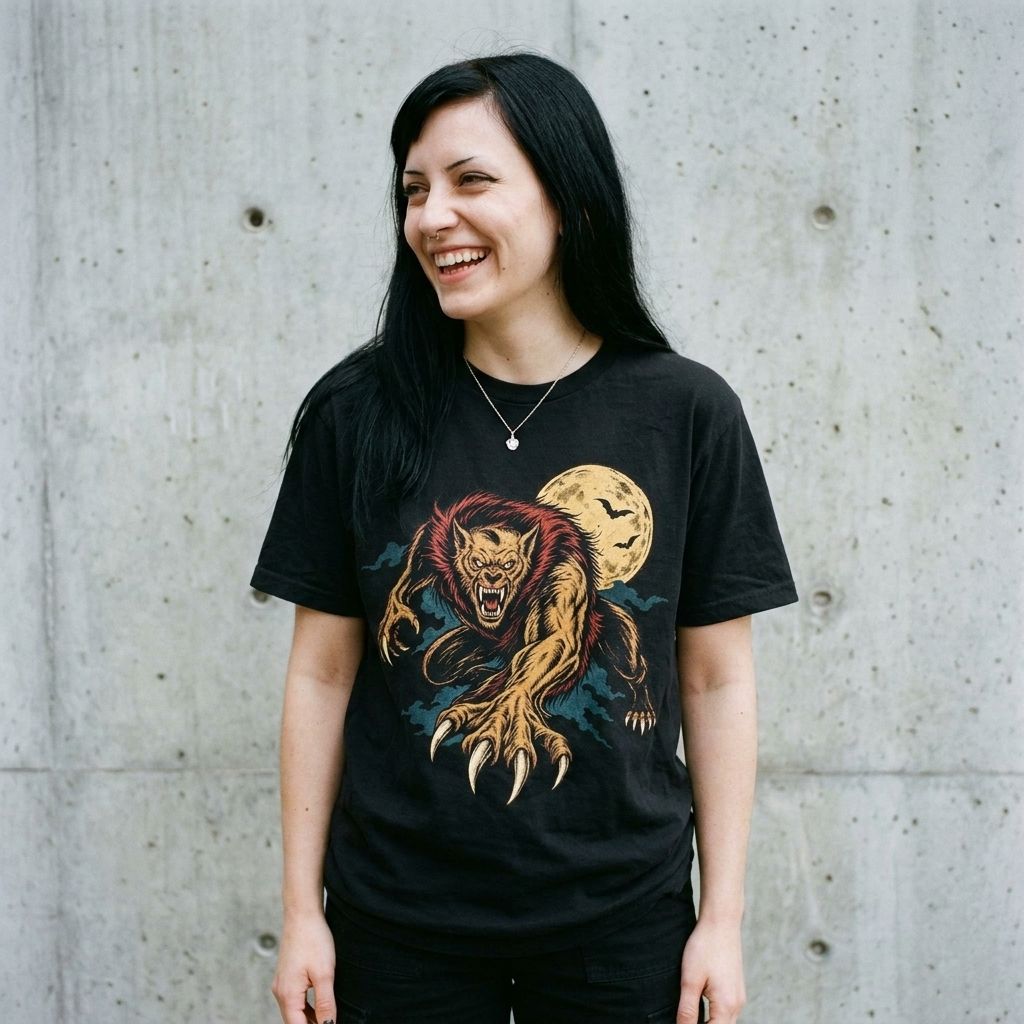 Model wearing Werewolf Full Moon Tee – Vintage Horror Bat Graphic against a cement wall