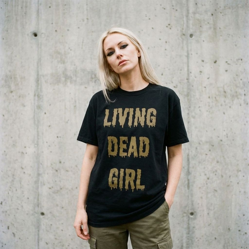 Model wearing Rob Zombie Living Dead Girl Tee against a cement wall