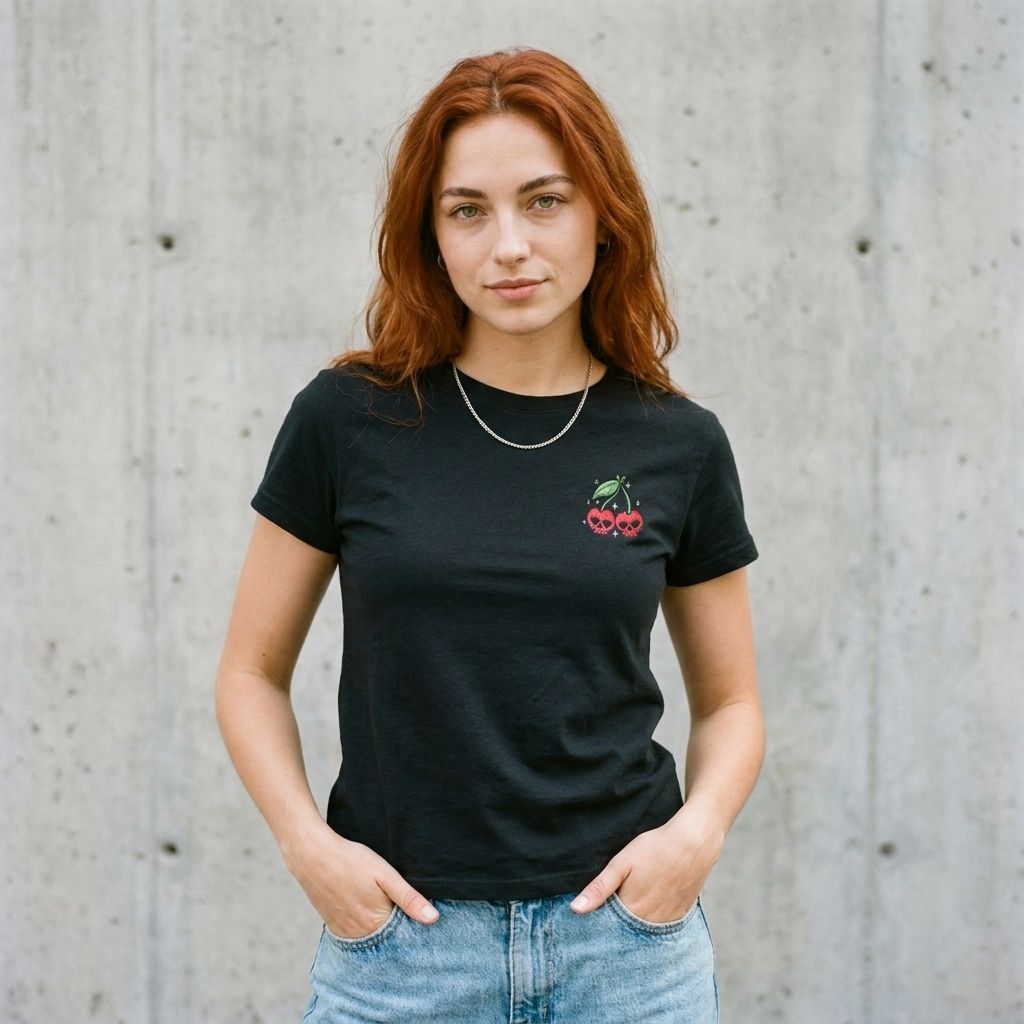 Model wearing Embroidered Cherry Skulls Baby Tee – Cropped Micro-Rib Top against a cement wall