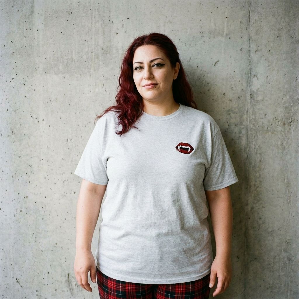 Model wearing Embroidered Vampire Fangs Tee – Subtle Gothic Chest Shirt against a cement wall