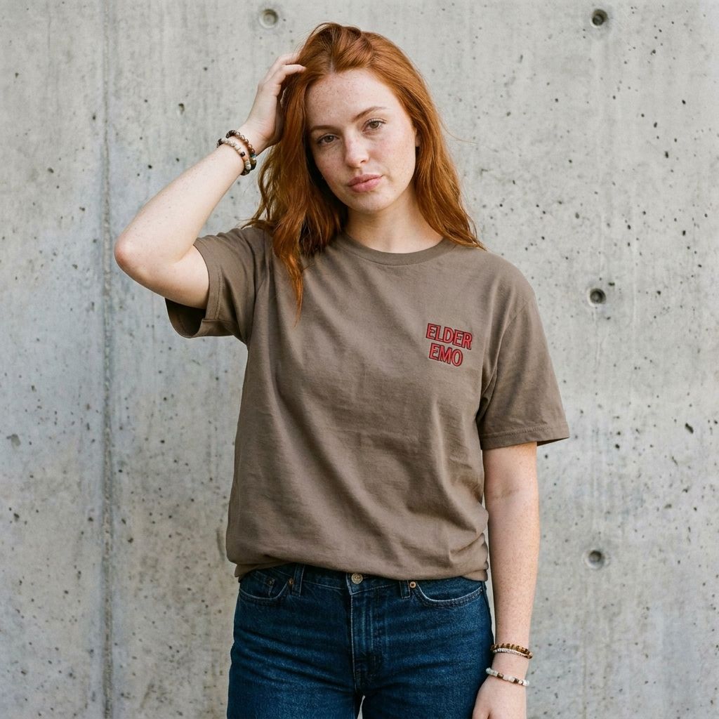Model wearing Elder Emo Embroidered Tee – Millennial Emo Gift Shirt against a cement wall
