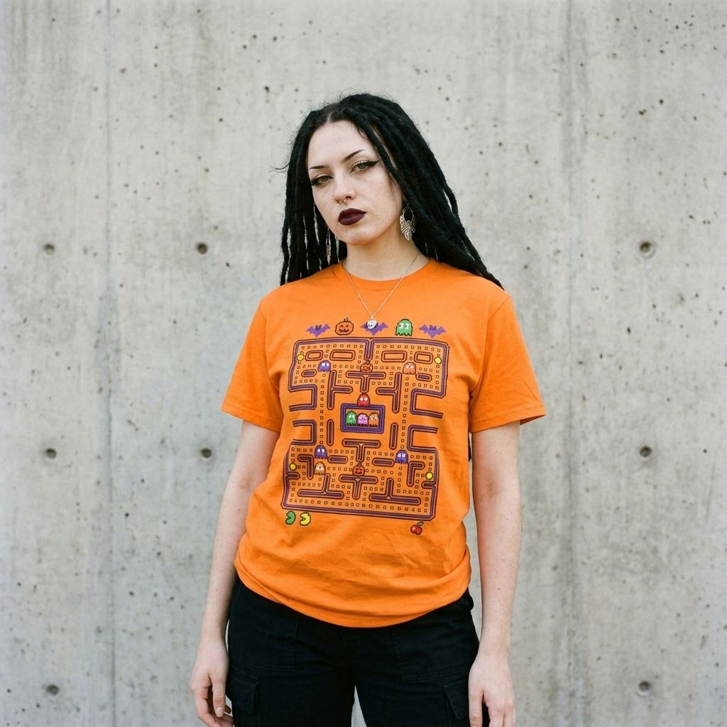 Model wearing Halloween Pac-Man Graphic Tee – Retro Arcade Shirt against a cement wall