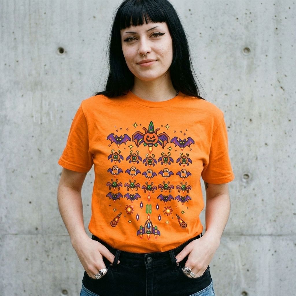 Model wearing Retro Arcade Halloween Shirt – Galaga Pixel Graphic Tee against a cement wall