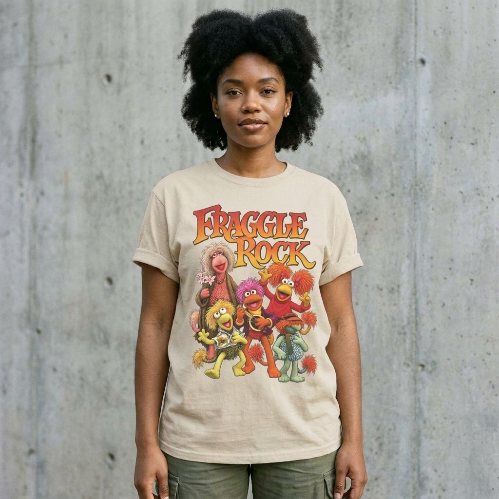 Model wearing Fraggle Rock Vintage Graphic Tee – Retro 80s TV Shirt against a cement wall