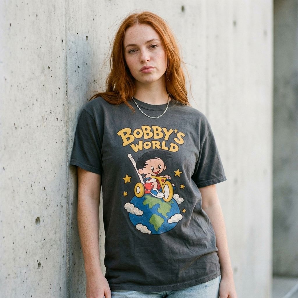 Model wearing Bobby's World Graphic Tee – Retro 90s Cartoon Shirt against a cement wall