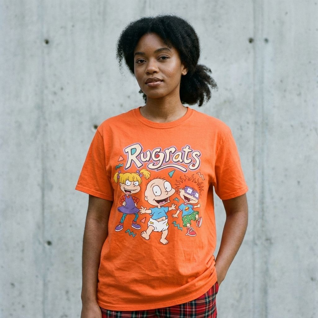 Model wearing Rugrats Graphic Tee – Retro 90s Cartoon Shirt against a cement wall