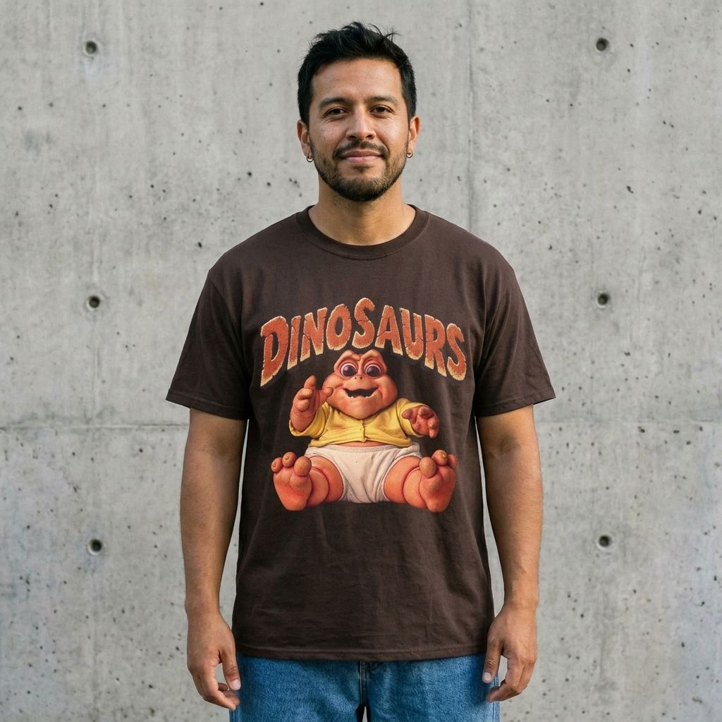 Model wearing Dinosaurs Graphic Tee – Retro 90s TV Baby Dino Shirt against a cement wall